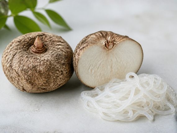 Bulwa konjac, przekrój bulwy i nitki makaronu konjac