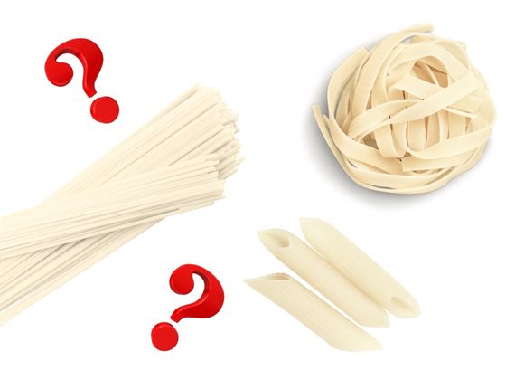 Makaron konjac w kształcie spaghetti, tagliatelle i penne ze znakami zapytania