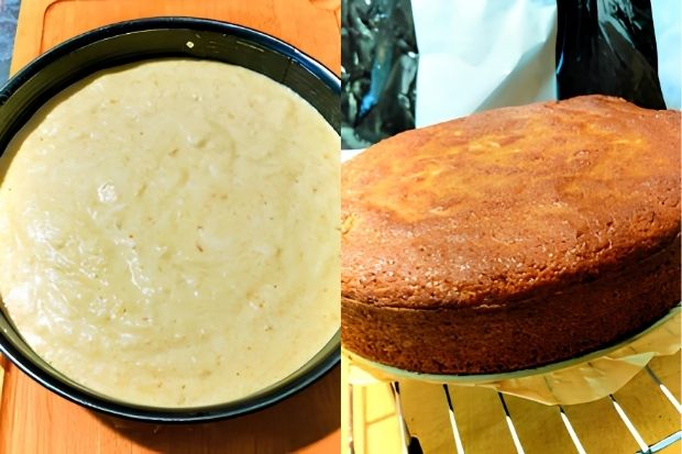 Masa bananowa w tortownicy przed pieczeniem i upieczony, wyrośnięty biszkopt