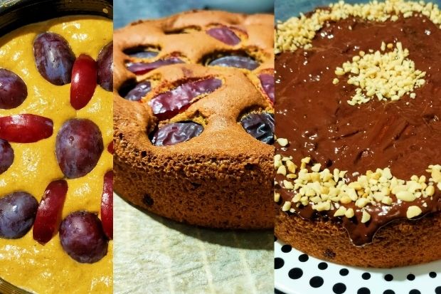 Keto ciasto czekoladowe ze śliwkami - przekrój z widocznymi śliwkami i polewą
