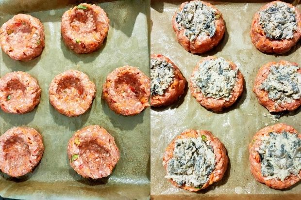 Keto kotlety mielone nadziewane serem i pieczarkami - przekrój z roztopionym serem