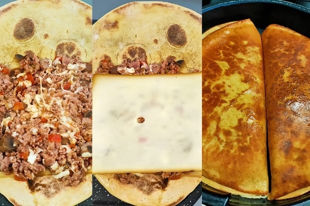 Keto tortilla zapiekana z mięsem i serem - złocista z obu stron na maśle klarowanym