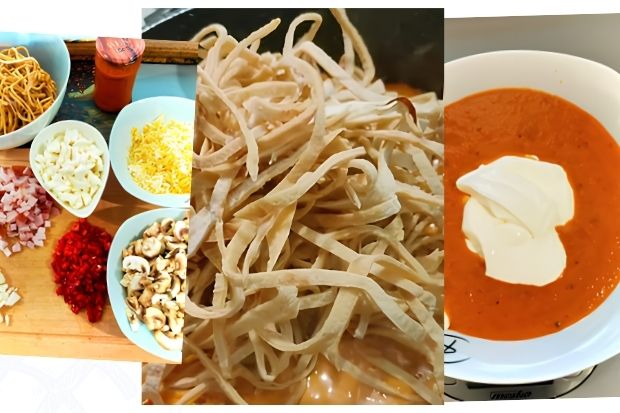 Talerz keto spaghetti z tortilli z posypką z tartego sera i natką pietruszki